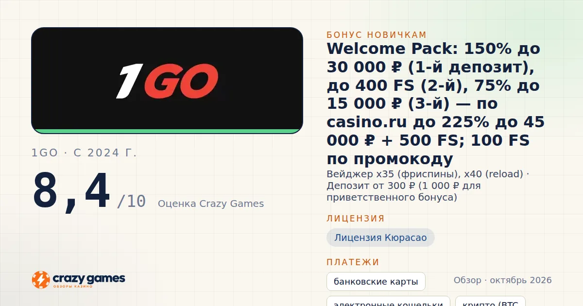 1GO: бонус, лицензия и условия вывода. Карточка Crazy Games, октябрь 2026