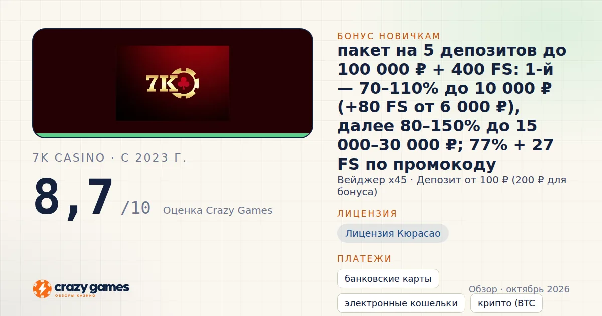 7K Casino: бонус, лицензия и условия вывода. Карточка Crazy Games, октябрь 2026