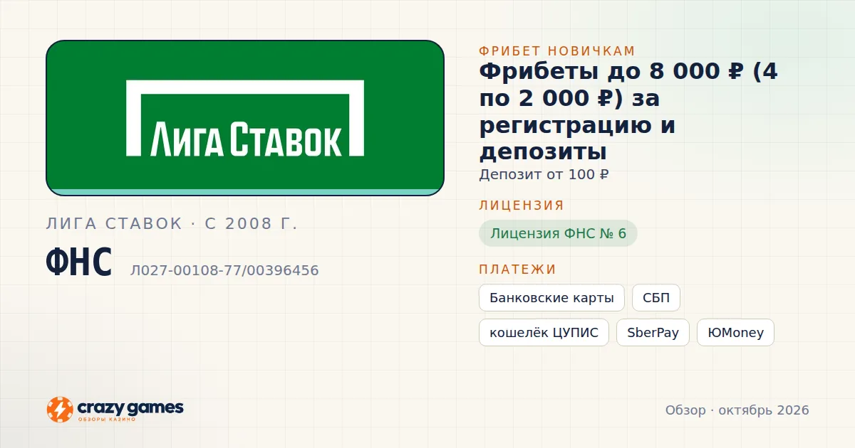 Лига Ставок: фрибет, лицензия ФНС и способы вывода. Карточка Crazy Games, октябрь 2026