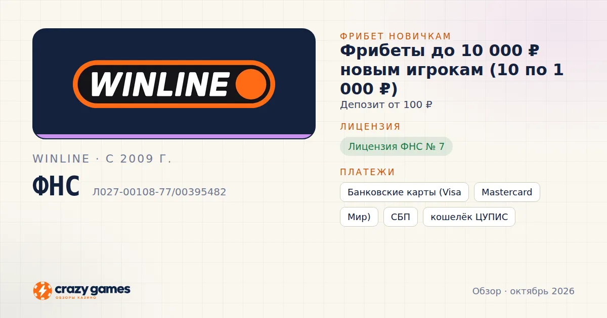 Winline: фрибет, лицензия ФНС и способы вывода. Карточка Crazy Games, октябрь 2026
