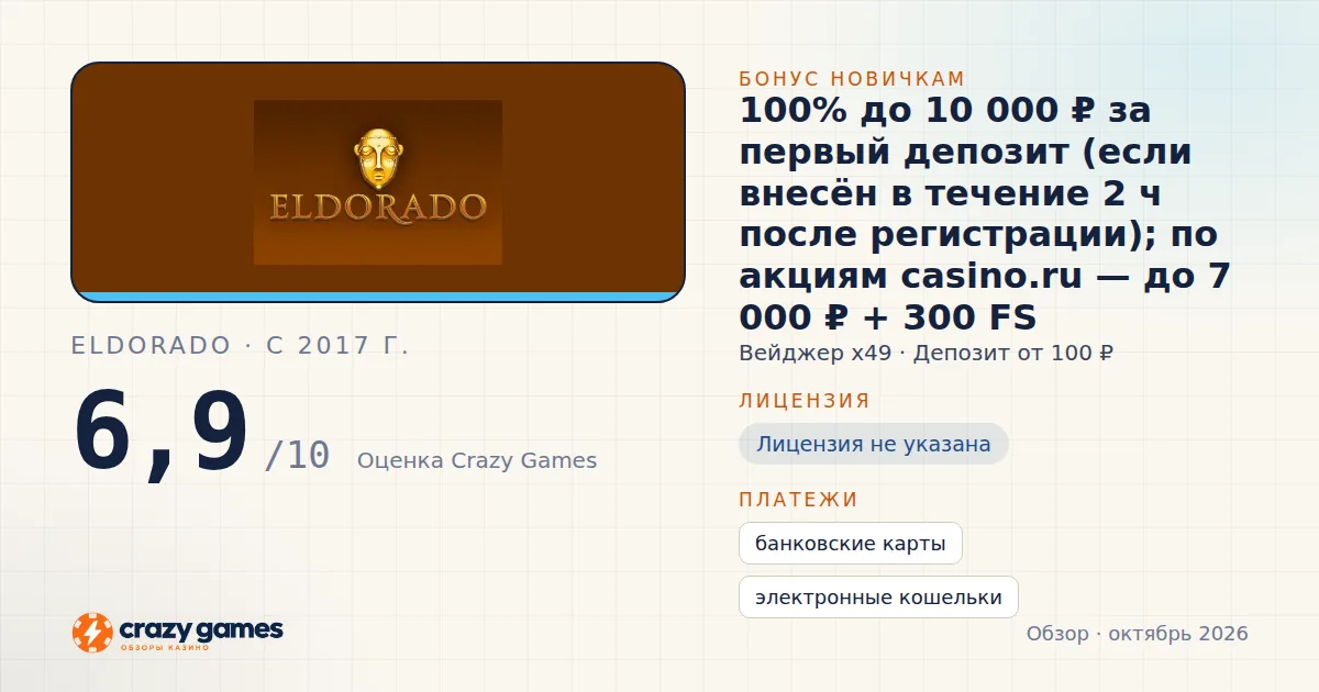 Eldorado: бонус, лицензия и условия вывода. Карточка Crazy Games, октябрь 2026