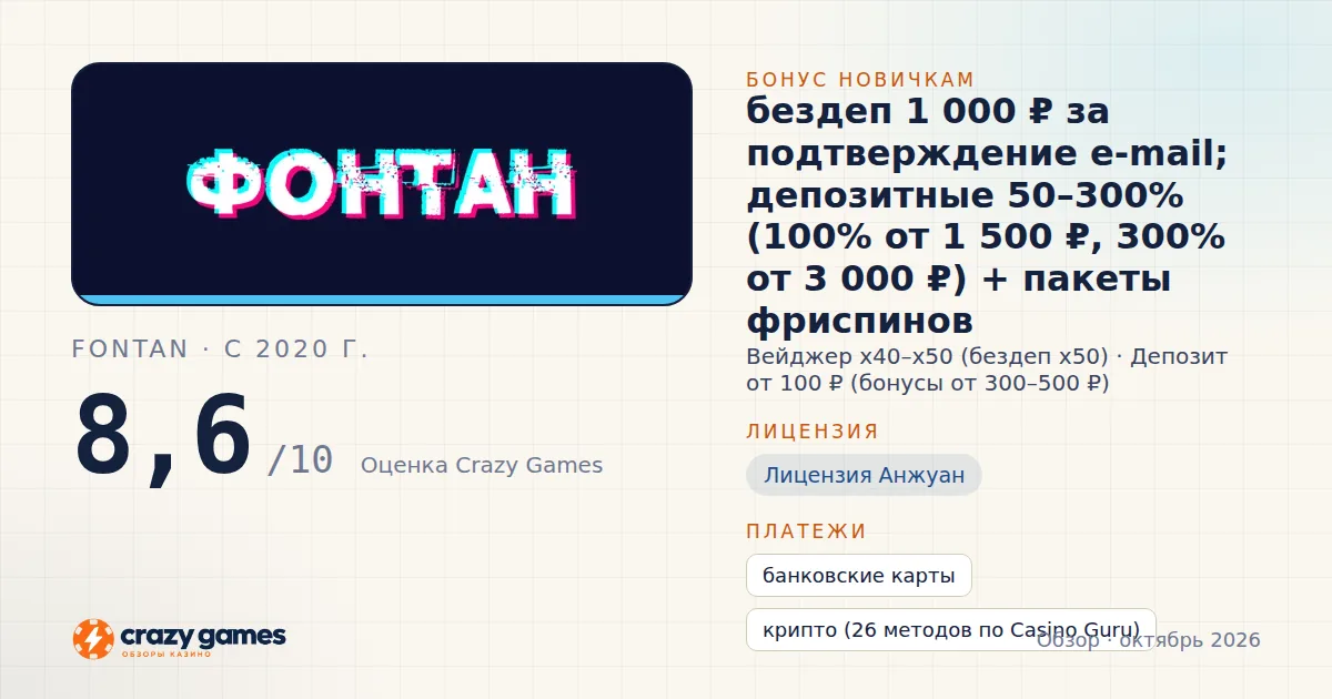 Fontan: бонус, лицензия и условия вывода. Карточка Crazy Games, октябрь 2026