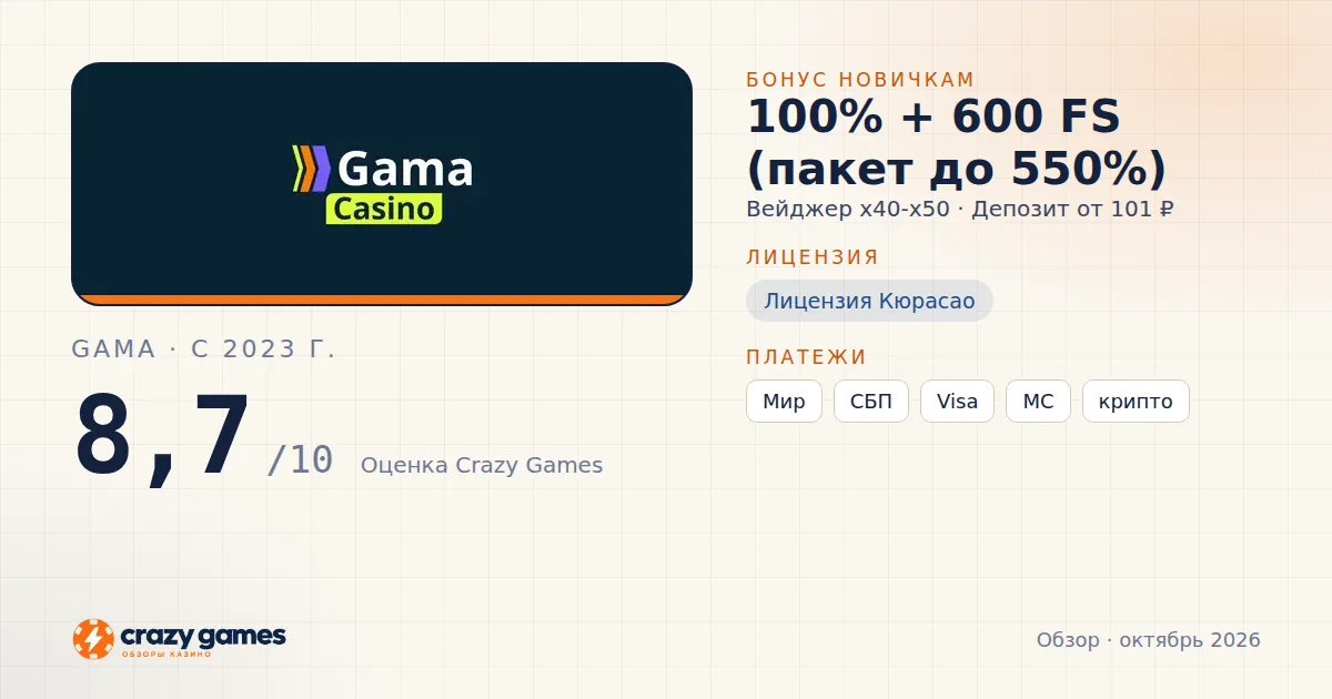 Gama: бонус, лицензия и условия вывода. Карточка Crazy Games, октябрь 2026