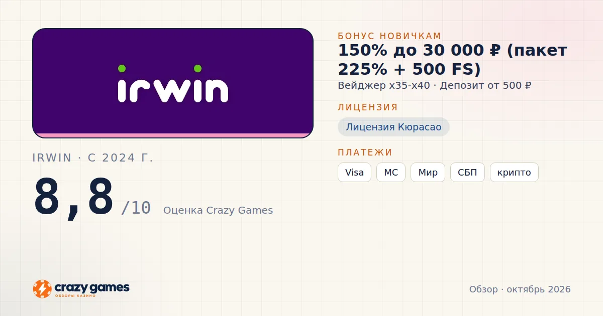Irwin: бонус, лицензия и условия вывода. Карточка Crazy Games, октябрь 2026