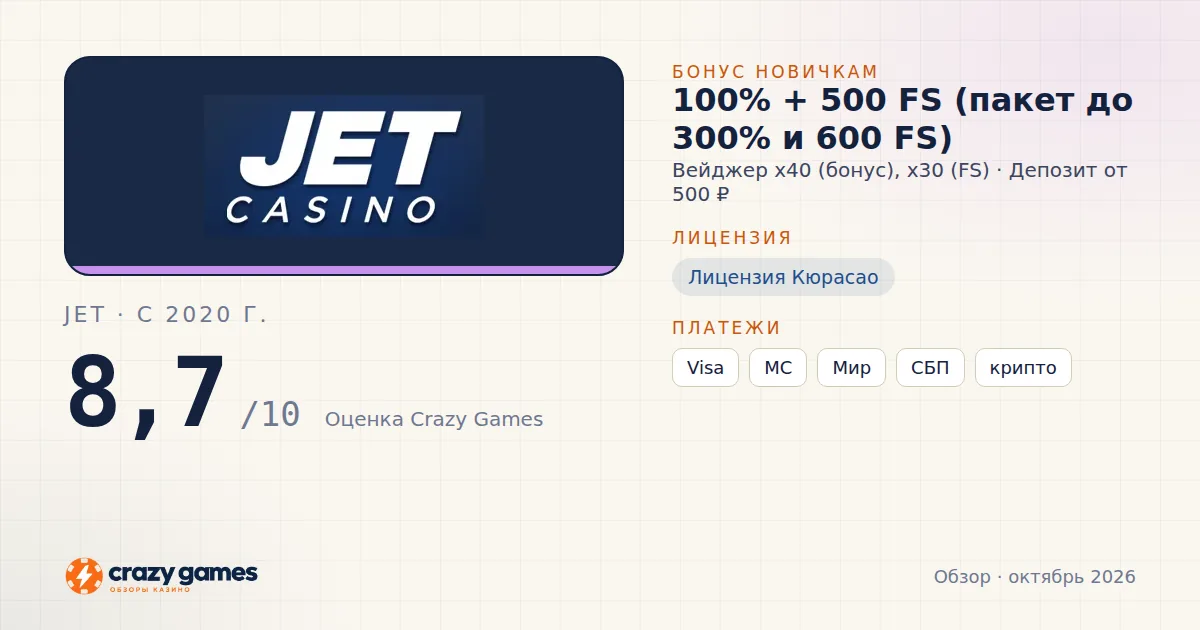 Jet: бонус, лицензия и условия вывода. Карточка Crazy Games, октябрь 2026