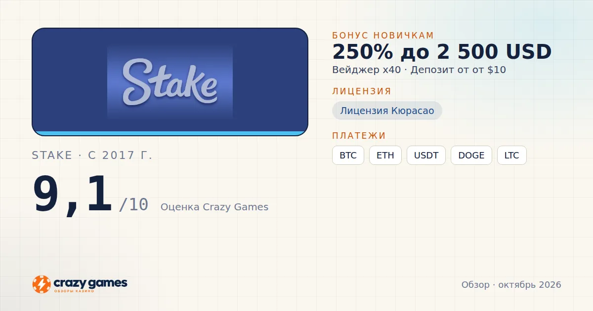 Stake: бонус, лицензия и условия вывода. Карточка Crazy Games, октябрь 2026